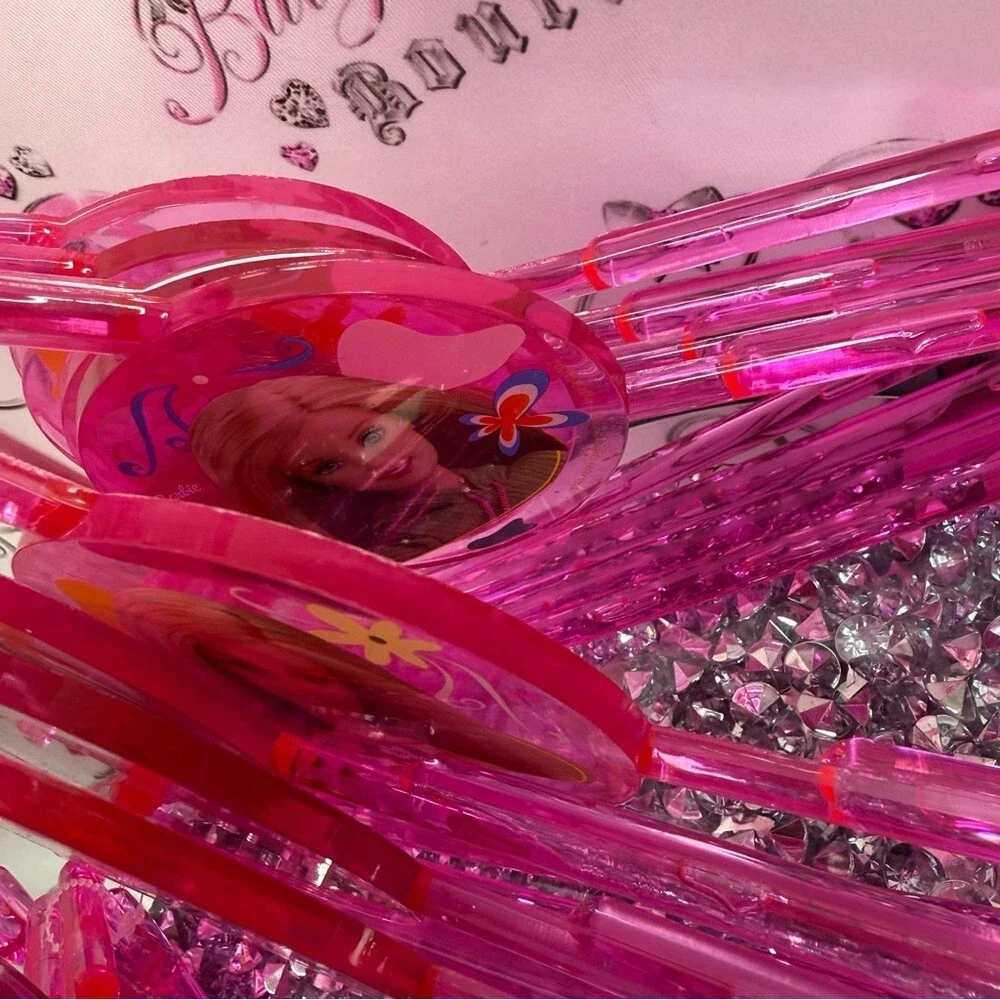 12 Barbie hangers 2001 Bright Pink acrylic Plastic Hangers with Character Accent